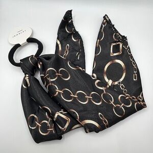 Fashion Hair Tie-Black and Gold Chain Print Scarf Ponytail Holder